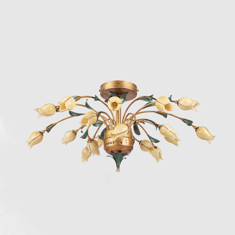 Pastoral Style Tulip Ceiling Lamp with 18 Brass LED Bulbs for Living Room Semi Flush Mount Lighting