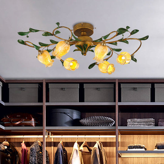 Countryside Lily/Tulip Metal Ceiling Fixture LED Flush Mount Lighting - 6/8 Bulbs, Brass Finish