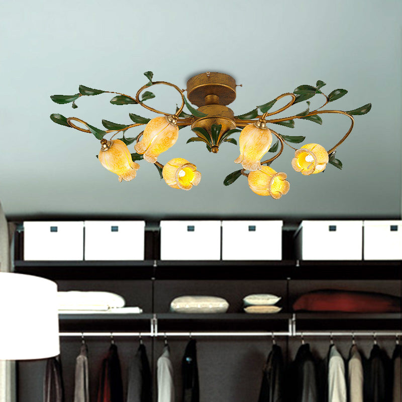 Countryside Lily/Tulip Metal Ceiling Fixture LED Flush Mount Lighting - 6/8 Bulbs, Brass Finish