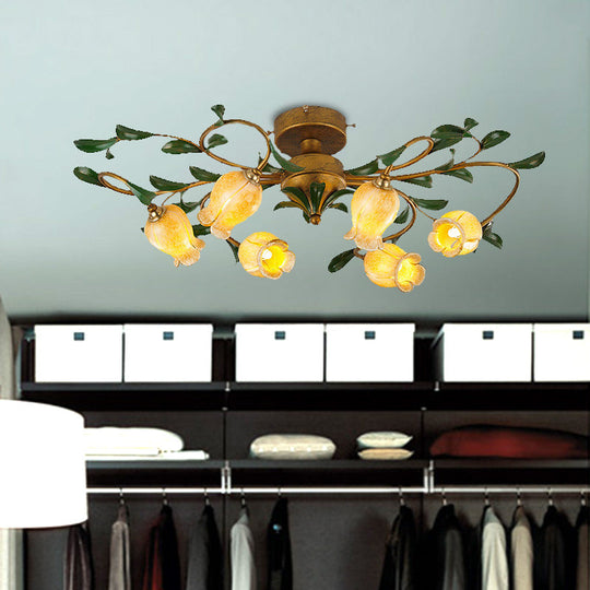 Countryside Lily/Tulip Metal Ceiling Fixture LED Flush Mount Lighting - 6/8 Bulbs, Brass Finish