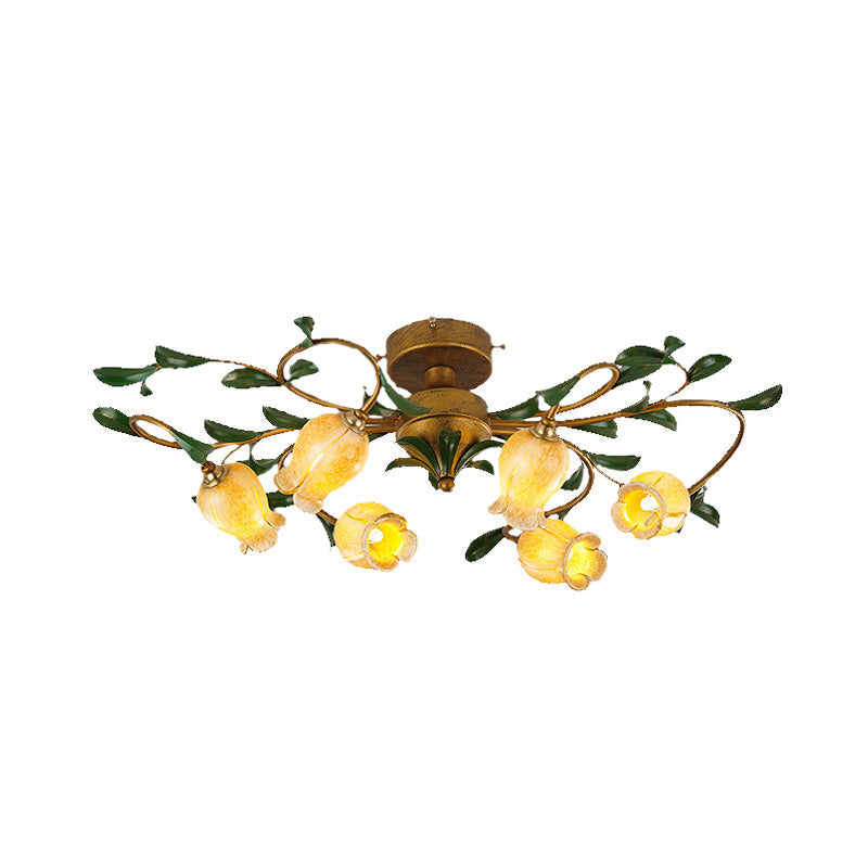 Countryside Lily/Tulip Metal Ceiling Fixture LED Flush Mount Lighting - 6/8 Bulbs, Brass Finish