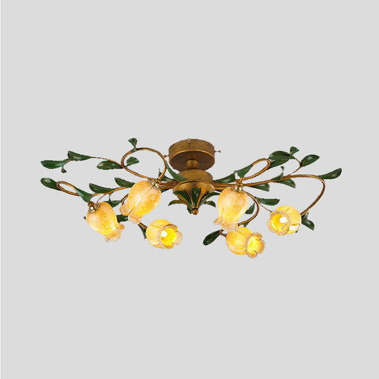 Countryside Lily/Tulip Metal Ceiling Fixture LED Flush Mount Lighting - 6/8 Bulbs, Brass Finish