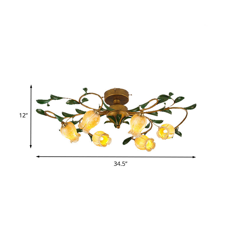 Countryside Lily/Tulip Metal Ceiling Fixture LED Flush Mount Lighting - 6/8 Bulbs, Brass Finish