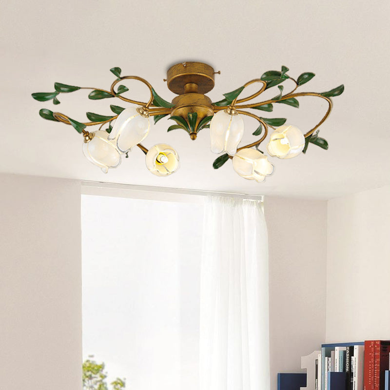 Countryside Lily/Tulip Metal Ceiling Fixture LED Flush Mount Lighting - 6/8 Bulbs, Brass Finish