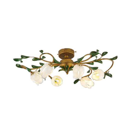 Countryside Lily/Tulip Metal Ceiling Fixture LED Flush Mount Lighting - 6/8 Bulbs, Brass Finish