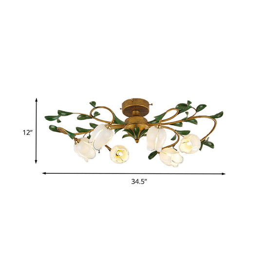 Countryside Lily/Tulip Metal Ceiling Fixture LED Flush Mount Lighting - 6/8 Bulbs, Brass Finish