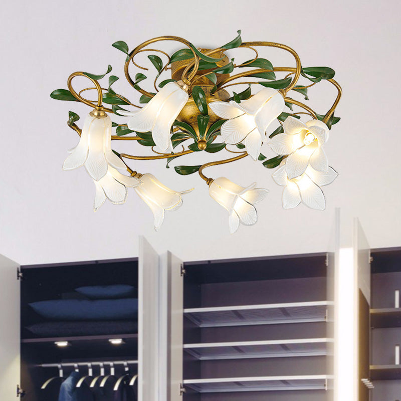 Countryside Lily/Tulip Metal Ceiling Fixture LED Flush Mount Lighting - 6/8 Bulbs, Brass Finish