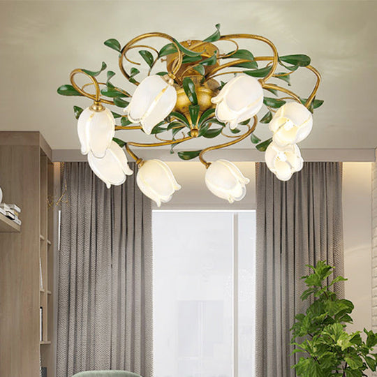 Countryside Lily/Tulip Metal Ceiling Fixture LED Flush Mount Lighting - 6/8 Bulbs, Brass Finish