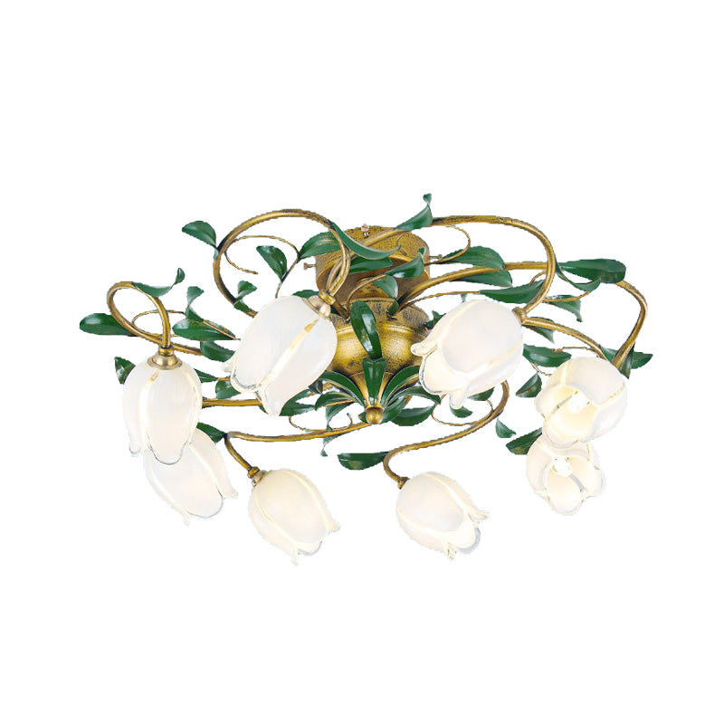 Countryside Lily/Tulip Metal Ceiling Fixture LED Flush Mount Lighting - 6/8 Bulbs, Brass Finish