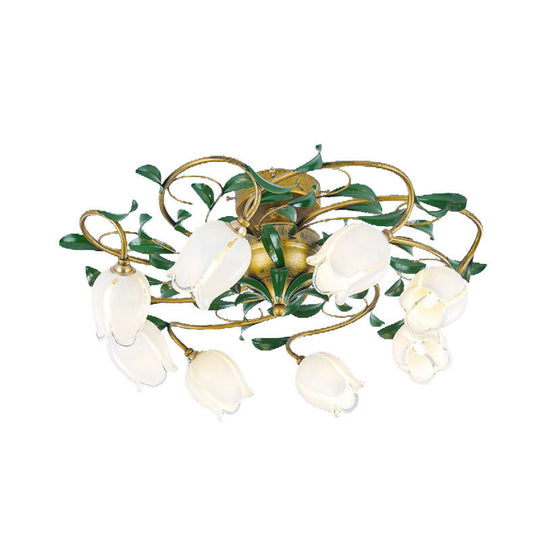 Countryside Lily/Tulip Metal Ceiling Fixture Led Flush Mount Lighting - 6/8 Bulbs Brass Finish