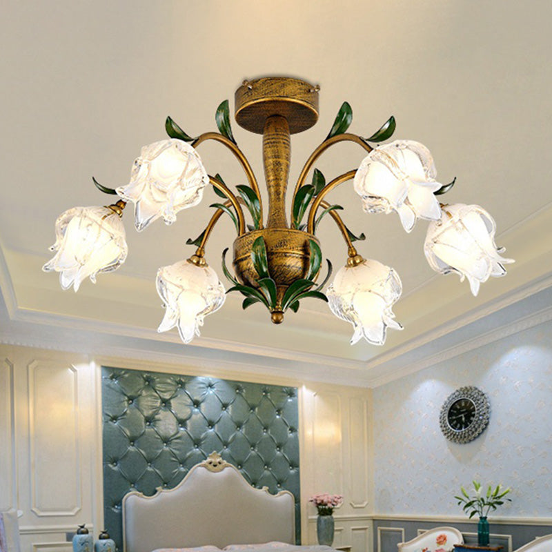 Brass Metal LED Ceiling Light: Countryside Flower Style, 6/8/10 Bulbs, Semi Flush Mount for Bedroom