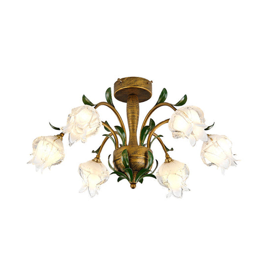 Brass Metal LED Ceiling Light: Countryside Flower Style, 6/8/10 Bulbs, Semi Flush Mount for Bedroom