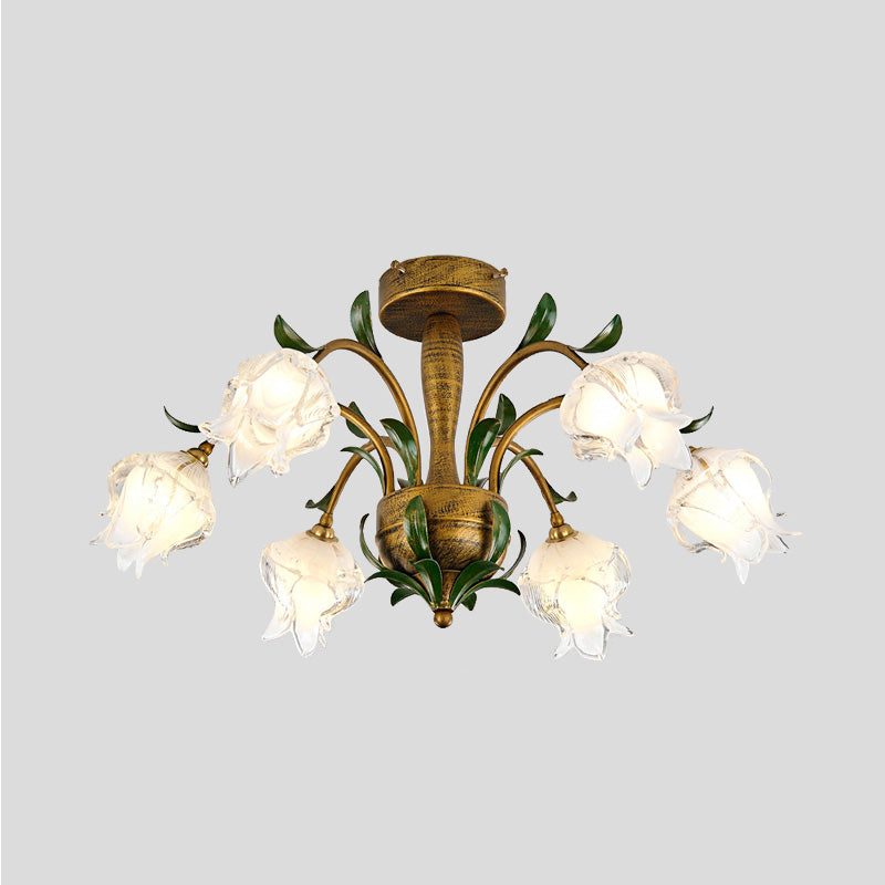 Brass Metal LED Ceiling Light: Countryside Flower Style, 6/8/10 Bulbs, Semi Flush Mount for Bedroom