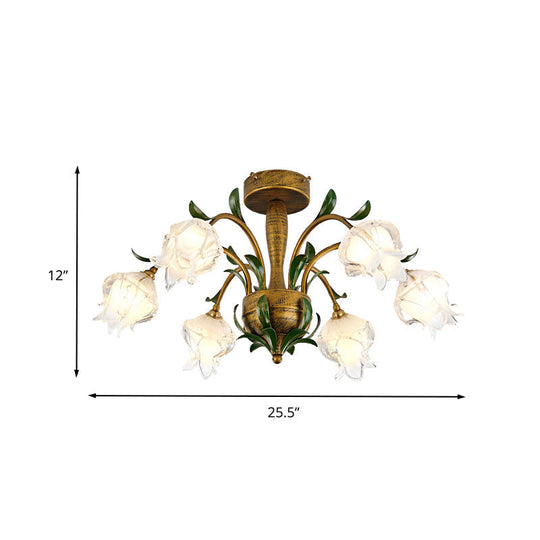 Brass Metal Led Ceiling Light: Countryside Flower Style 6/8/10 Bulbs Semi Flush Mount For Bedroom