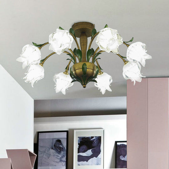 Brass Metal LED Ceiling Light: Countryside Flower Style, 6/8/10 Bulbs, Semi Flush Mount for Bedroom