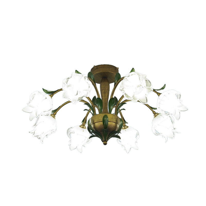 Brass Metal LED Ceiling Light: Countryside Flower Style, 6/8/10 Bulbs, Semi Flush Mount for Bedroom