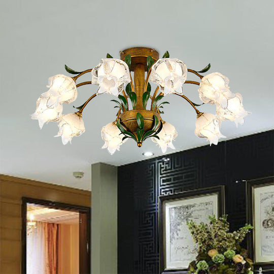 Brass Metal LED Ceiling Light: Countryside Flower Style, 6/8/10 Bulbs, Semi Flush Mount for Bedroom