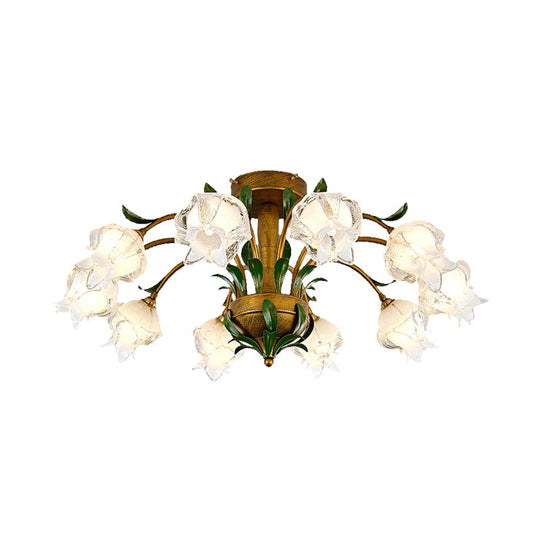 Brass Metal LED Ceiling Light: Countryside Flower Style, 6/8/10 Bulbs, Semi Flush Mount for Bedroom