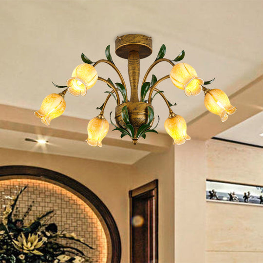 American Garden Metal Tulip LED Semi Flush Ceiling Light Fixture with Brass Finish - Ideal for Living Room (6/8/10-Bulb Option)