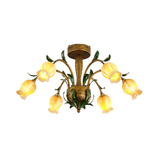 American Garden Metal Tulip LED Semi Flush Ceiling Light Fixture with Brass Finish - Ideal for Living Room (6/8/10-Bulb Option)