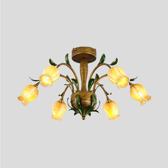 American Garden Metal Tulip LED Semi Flush Ceiling Light Fixture with Brass Finish - Ideal for Living Room (6/8/10-Bulb Option)