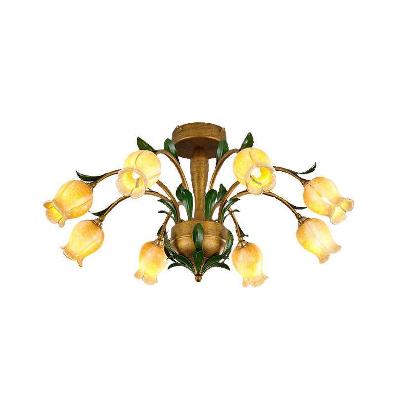 American Garden Metal Tulip LED Semi Flush Ceiling Light Fixture with Brass Finish - Ideal for Living Room (6/8/10-Bulb Option)