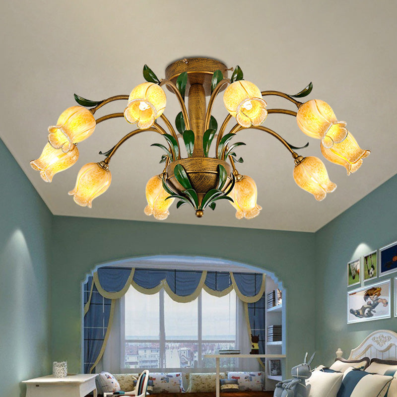 American Garden Metal Tulip LED Semi Flush Ceiling Light Fixture with Brass Finish - Ideal for Living Room (6/8/10-Bulb Option)