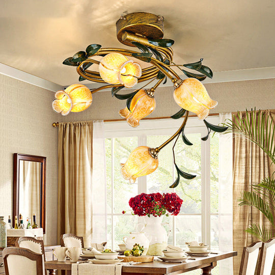 Pastoral Style Tulip Dining Semi-Flush Brass Ceiling Lamp with 5 LED Bulbs