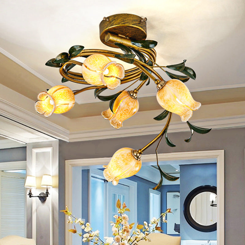 Pastoral Style Tulip Dining Semi-Flush Brass Ceiling Lamp with 5 LED Bulbs