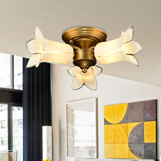 Romantic Pastoral Brass Ceiling Light Fixture with 3 Lily/Tulip Heads and LED Semi Mount for Living Room