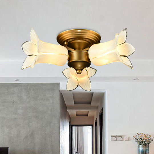 Romantic Pastoral Brass Ceiling Light Fixture with 3 Lily/Tulip Heads and LED Semi Mount for Living Room