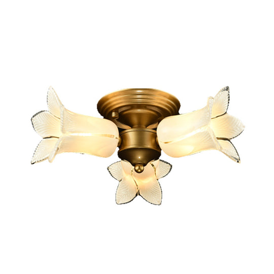 Romantic Pastoral Brass Ceiling Light Fixture with 3 Lily/Tulip Heads and LED Semi Mount for Living Room