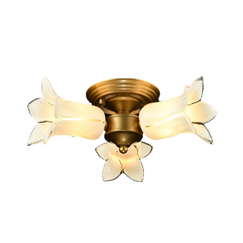 Romantic Pastoral Brass Ceiling Light Fixture With 3 Lily/Tulip Heads And Led Semi Mount For Living