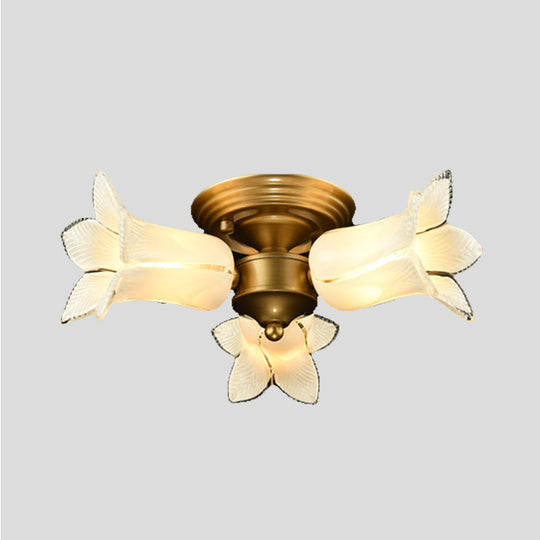 Romantic Pastoral Brass Ceiling Light Fixture with 3 Lily/Tulip Heads and LED Semi Mount for Living Room