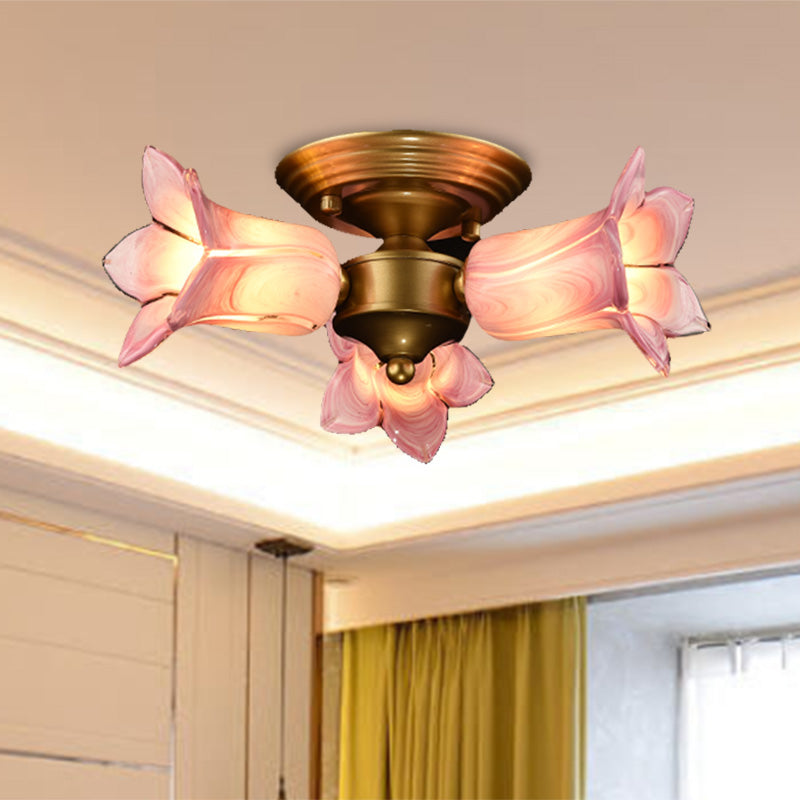 Romantic Pastoral Brass Ceiling Light Fixture with 3 Lily/Tulip Heads and LED Semi Mount for Living Room