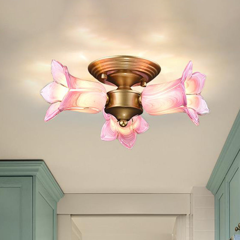 Romantic Pastoral Brass Ceiling Light Fixture with 3 Lily/Tulip Heads and LED Semi Mount for Living Room