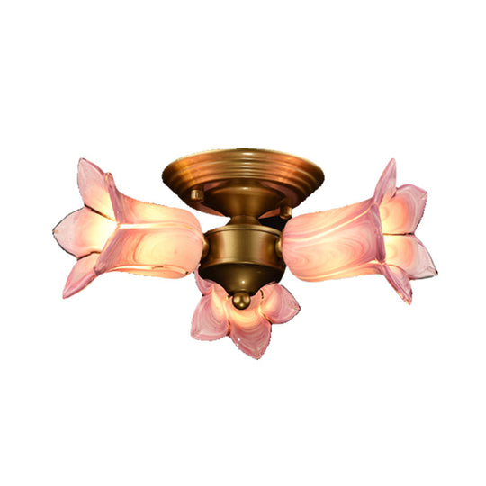 Romantic Pastoral Brass Ceiling Light Fixture with 3 Lily/Tulip Heads and LED Semi Mount for Living Room