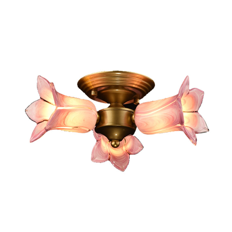 Romantic Pastoral Brass Ceiling Light Fixture With 3 Lily/Tulip Heads And Led Semi Mount For Living