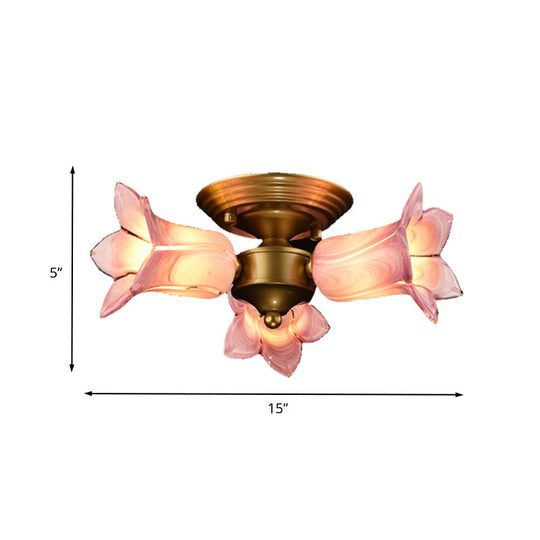 Romantic Pastoral Brass Ceiling Light Fixture with 3 Lily/Tulip Heads and LED Semi Mount for Living Room