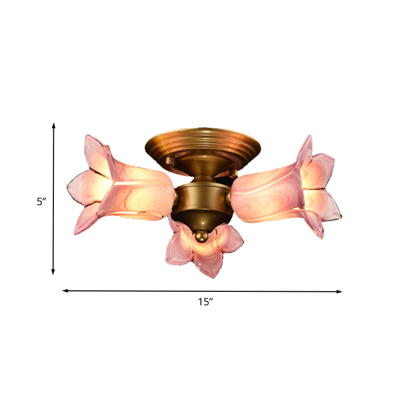 Romantic Pastoral Brass Ceiling Light Fixture With 3 Lily/Tulip Heads And Led Semi Mount For Living