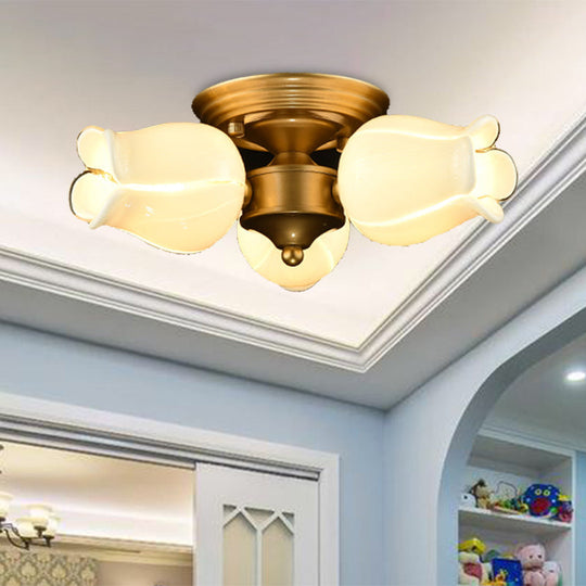 Romantic Pastoral Brass Ceiling Light Fixture with 3 Lily/Tulip Heads and LED Semi Mount for Living Room