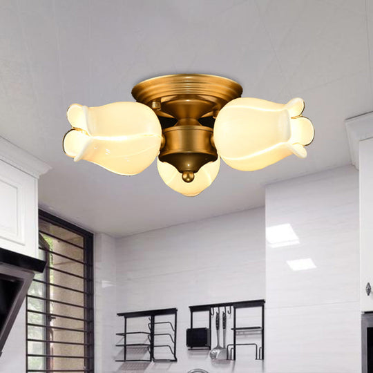 Romantic Pastoral Brass Ceiling Light Fixture with 3 Lily/Tulip Heads and LED Semi Mount for Living Room