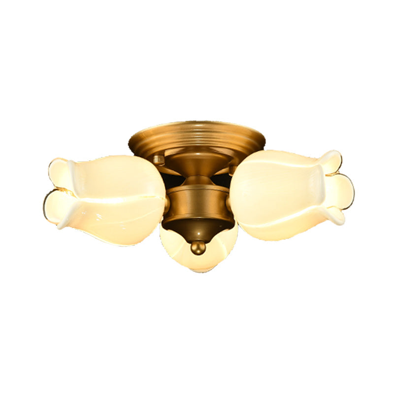 Romantic Pastoral Brass Ceiling Light Fixture with 3 Lily/Tulip Heads and LED Semi Mount for Living Room