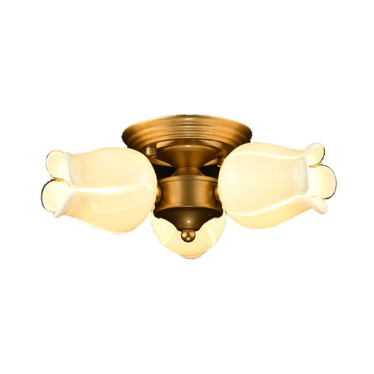 Romantic Pastoral Brass Ceiling Light Fixture with 3 Lily/Tulip Heads and LED Semi Mount for Living Room