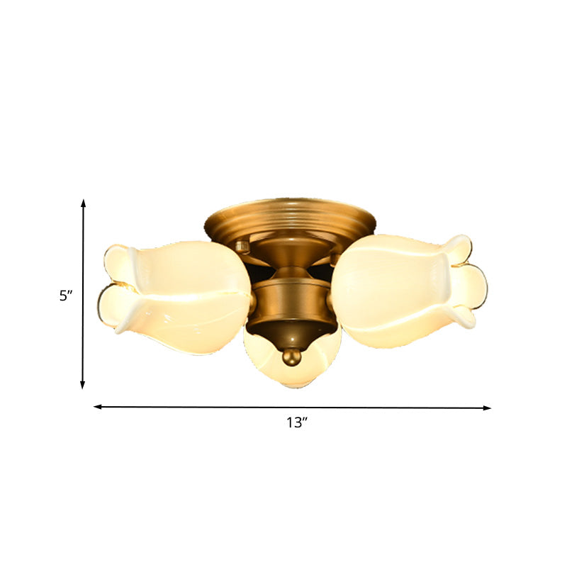 Romantic Pastoral Brass Ceiling Light Fixture with 3 Lily/Tulip Heads and LED Semi Mount for Living Room