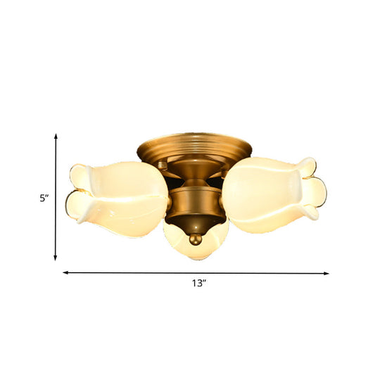 Romantic Pastoral Brass Ceiling Light Fixture with 3 Lily/Tulip Heads and LED Semi Mount for Living Room