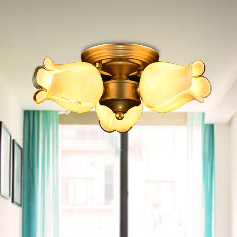 Romantic Pastoral Brass Ceiling Light Fixture with 3 Lily/Tulip Heads and LED Semi Mount for Living Room