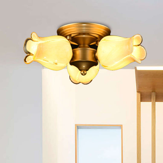 Romantic Pastoral Brass Ceiling Light Fixture with 3 Lily/Tulip Heads and LED Semi Mount for Living Room