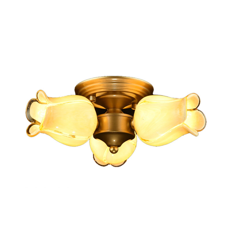 Romantic Pastoral Brass Ceiling Light Fixture with 3 Lily/Tulip Heads and LED Semi Mount for Living Room