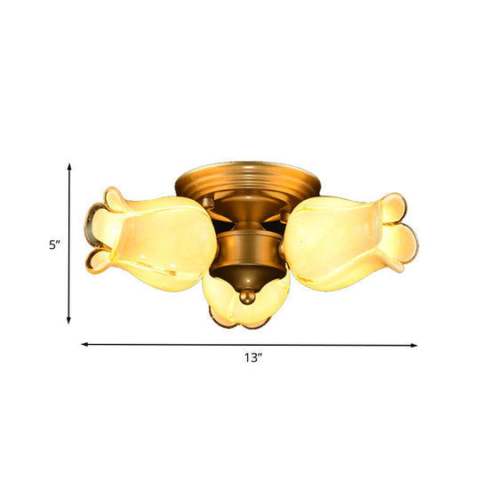 Romantic Pastoral Brass Ceiling Light Fixture with 3 Lily/Tulip Heads and LED Semi Mount for Living Room